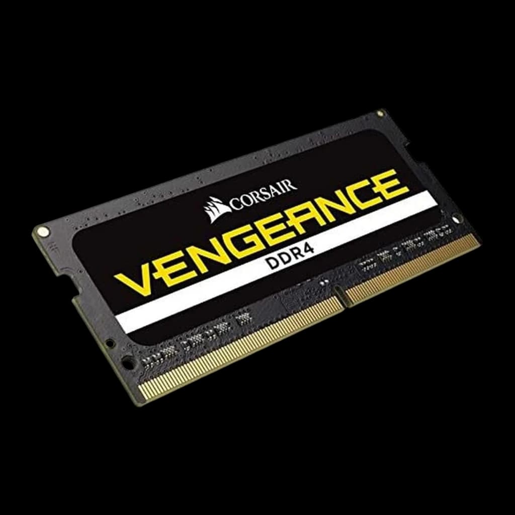 Corsair Vengeance 32GB DDR4 noir, vue en perspective: module SO-DIMM avec étiquette jaune et contacts dorés visibles