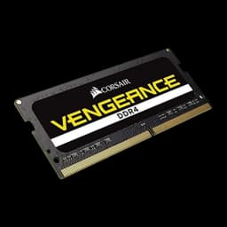 Corsair Vengeance 32GB DDR4 noir, vue en perspective: module SO-DIMM avec étiquette jaune et contacts dorés visibles