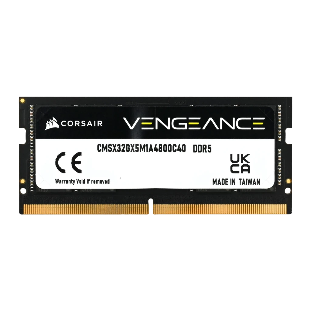 Corsair Vengeance 32GB DDR5 4800MHz preto, vista frontal: etiqueta preta com logo VENGEANCE e faixa DDR5, contatos dourados - Item2