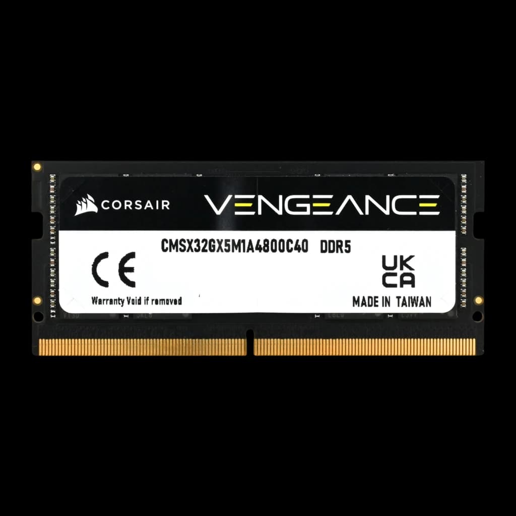 Corsair Vengeance 32GB DDR5 4800MHz noir, vue arrière: étiquette avec référence CMSX32GX5M1A4800C40, certifications CE et