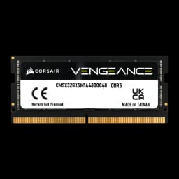Corsair Vengeance 32GB DDR5 4800MHz noir, vue arrière: étiquette avec référence CMSX32GX5M1A4800C40, certifications CE et
