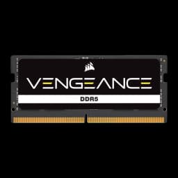 Corsair Vengeance 48GB DDR5 SO-DIMM negro, vista frontal: etiqueta negra con logo Vengeance y franja DDR5, contactos dorados