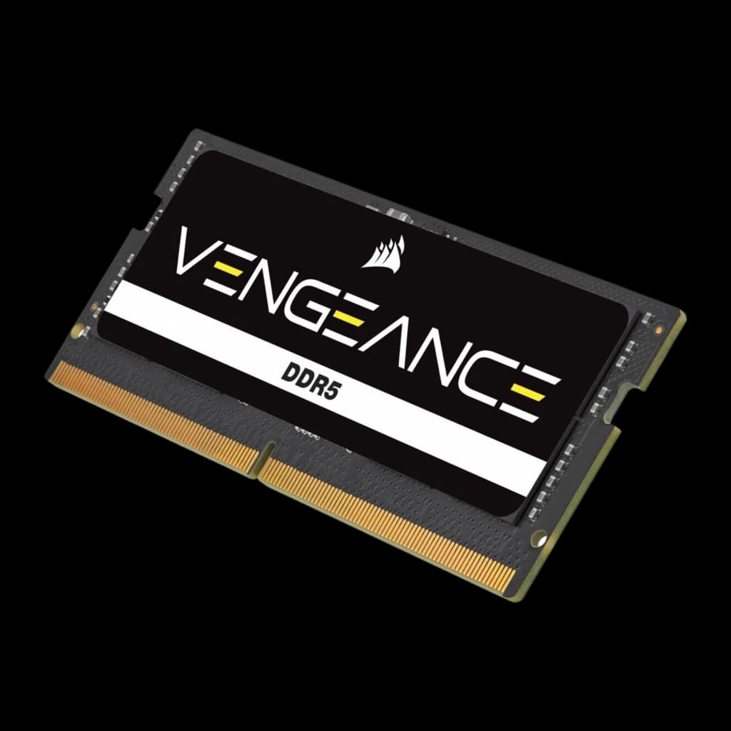 Corsair Vengeance 48GB DDR5 SO-DIMM negro, vista en ángulo derecho: cara frontal y lateral derecho visibles, PCB gris