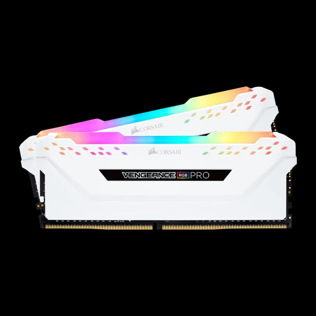 Corsair Vengeance RGB Pro 32GB Blanc, vue de face: kit 2x16GB empilé, dissipateur blanc avec éclairage RGB multicolore et