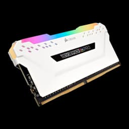 Corsair Vengeance RGB Pro 32GB Blanc, vue latérale en angle: module unique 16GB, PCB et connecteurs dorés visibles