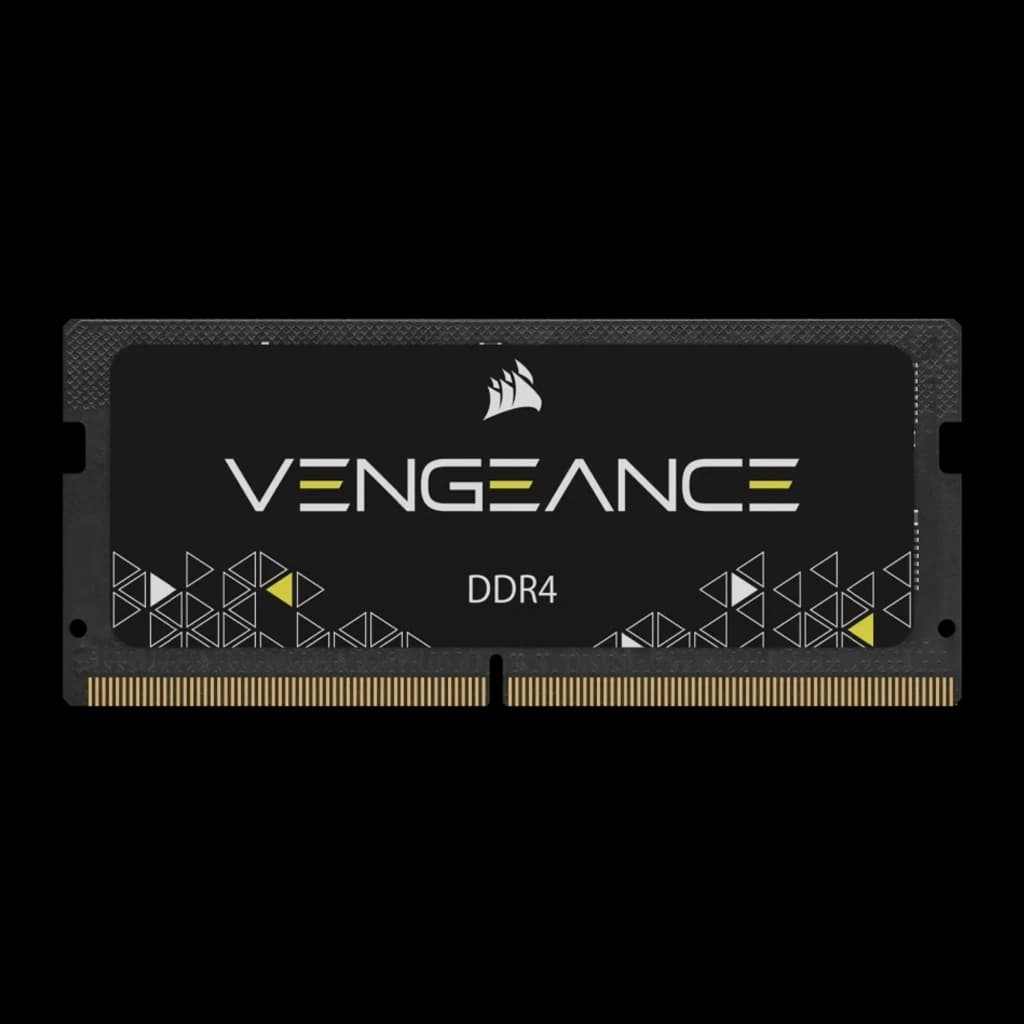 Corsair Vengeance DDR4 16GB 3200MHz SO-DIMM preto, vista frontal: etiqueta com logo e texto DDR4, contactos dourados