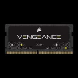 Corsair Vengeance DDR4 16GB 3200MHz SO-DIMM preto, vista frontal: etiqueta com logo e texto DDR4, contactos dourados