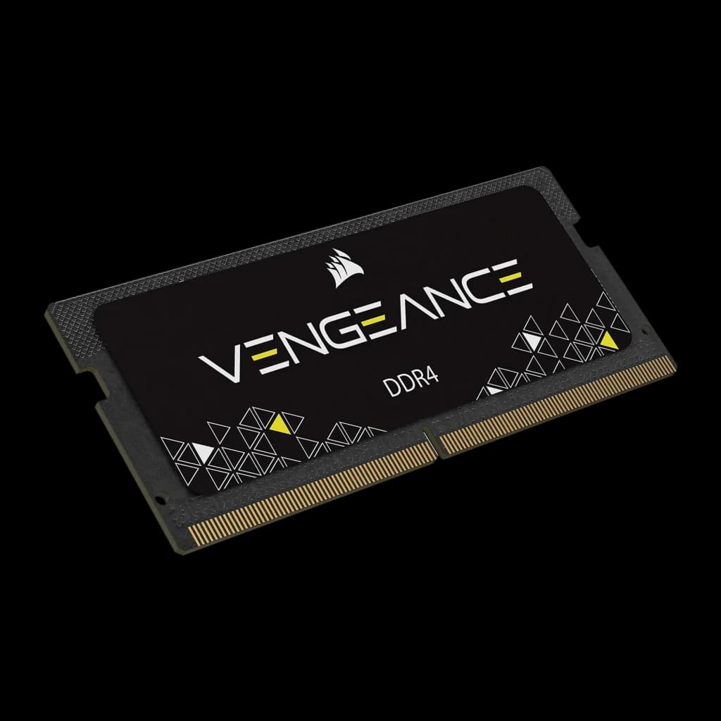 Corsair Vengeance DDR4 16GB 3200MHz SO-DIMM preto, vista em ângulo: padrão triangular amarelo, espessura do módulo visível