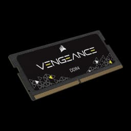 Corsair Vengeance DDR4 16GB 3200MHz SO-DIMM preto, vista em ângulo: padrão triangular amarelo, espessura do módulo visível