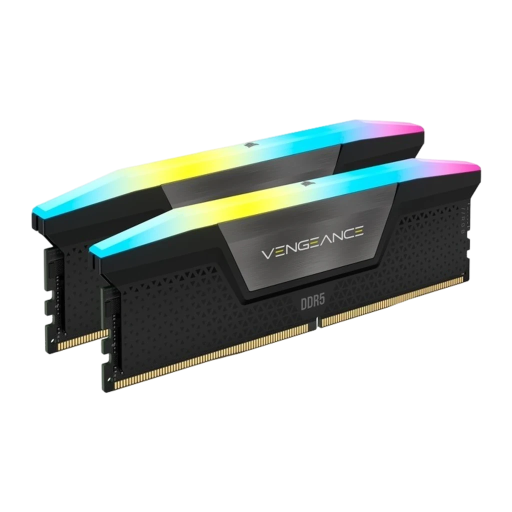 Corsair Vengeance RGB 32GB DDR5 preto, vista frontal: 2 módulos empilhados com iluminação RGB na parte superior - Item1