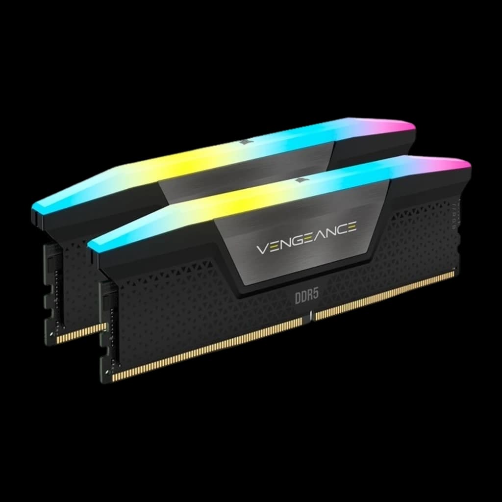 Corsair Vengeance RGB 32GB DDR5 negro, vista en perspectiva: 2 módulos escalonados mostrando lateral y conector dorado
