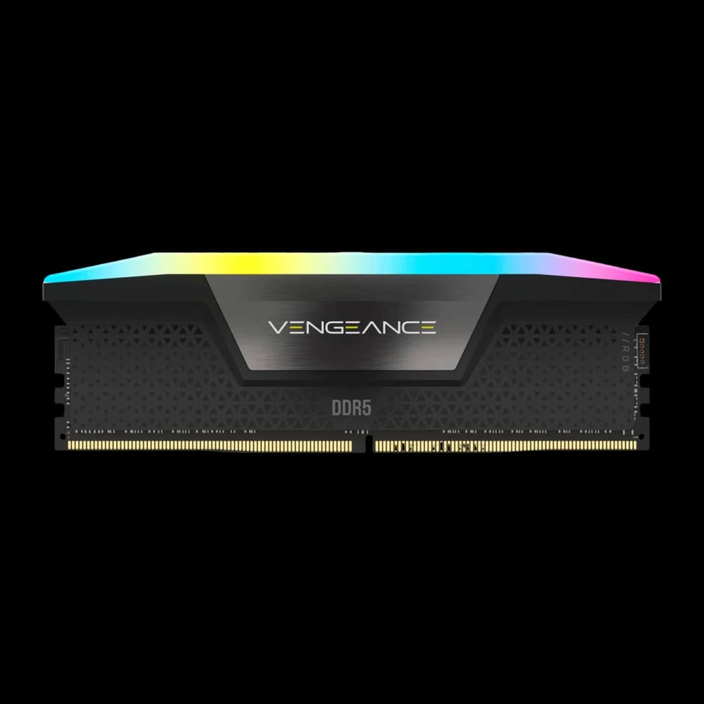 Corsair Vengeance RGB 48GB DDR5 5600MHz negro, vista frontal: un módulo con iluminación RGB en la parte superior y disipador