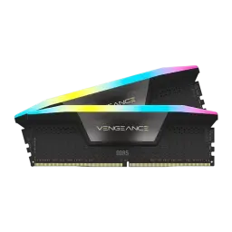 Corsair Vengeance RGB 48GB DDR5 5600MHz negro, vista lateral en ángulo: 2 módulos superpuestos mostrando el perfil del