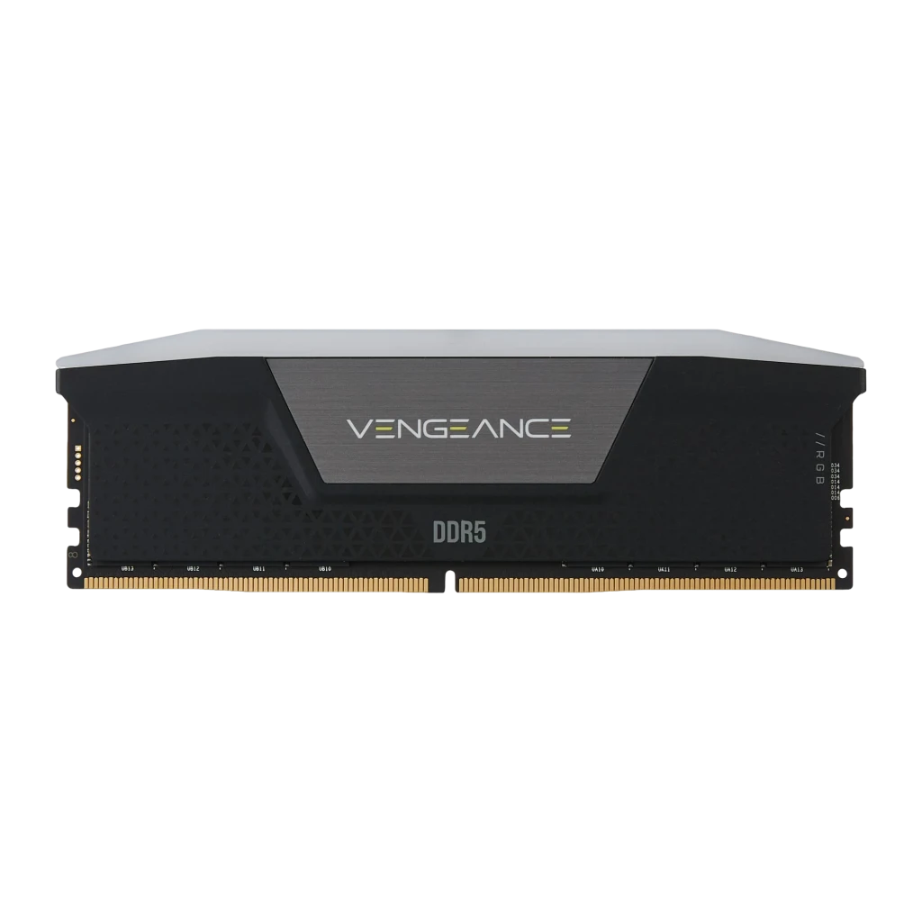 Corsair Vengeance RGB 64GB DDR5 5200MHz preto, vista em perspectiva: kit 2x32GB com dissipador texturizado e logo Vengeance - Item1