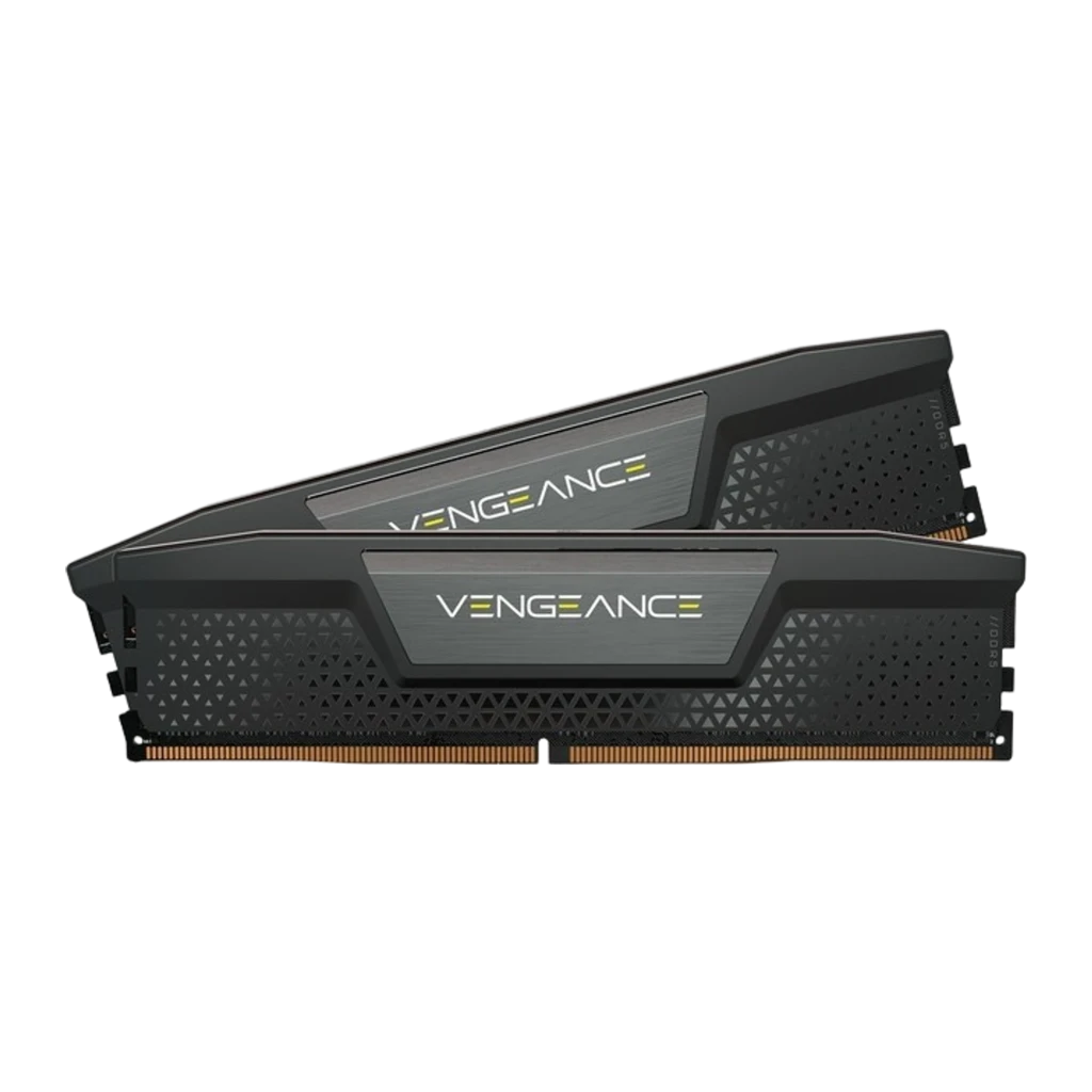 Corsair Vengeance RGB 64GB DDR5 5200MHz preto, vista em perspectiva: kit 2x32GB com dissipador texturizado e logo Vengeance - Item2