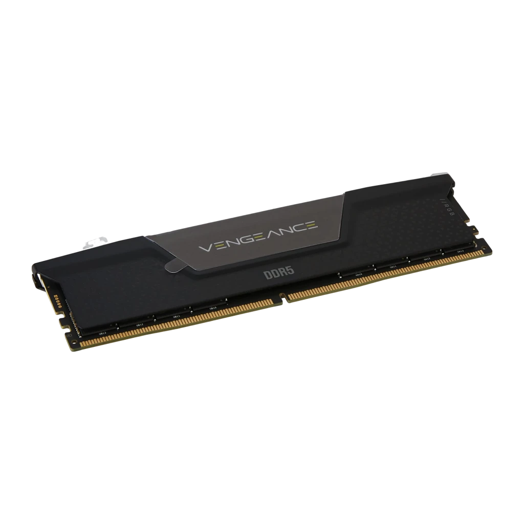 Corsair Vengeance RGB 64GB DDR5 5200MHz preto, vista em perspectiva: kit 2x32GB com dissipador texturizado e logo Vengeance - Item3