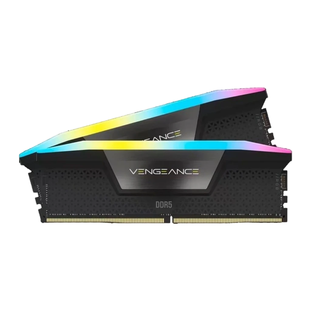 Corsair Vengeance RGB 64GB DDR5 6400MHz preto, vista em perspectiva: kit 2x32GB com iluminação RGB multicolor no dissipador - Item1