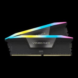Corsair Vengeance RGB 64GB DDR5 6400MHz negro, vista lateral: dos módulos apilados mostrando perfil del disipador y RGB