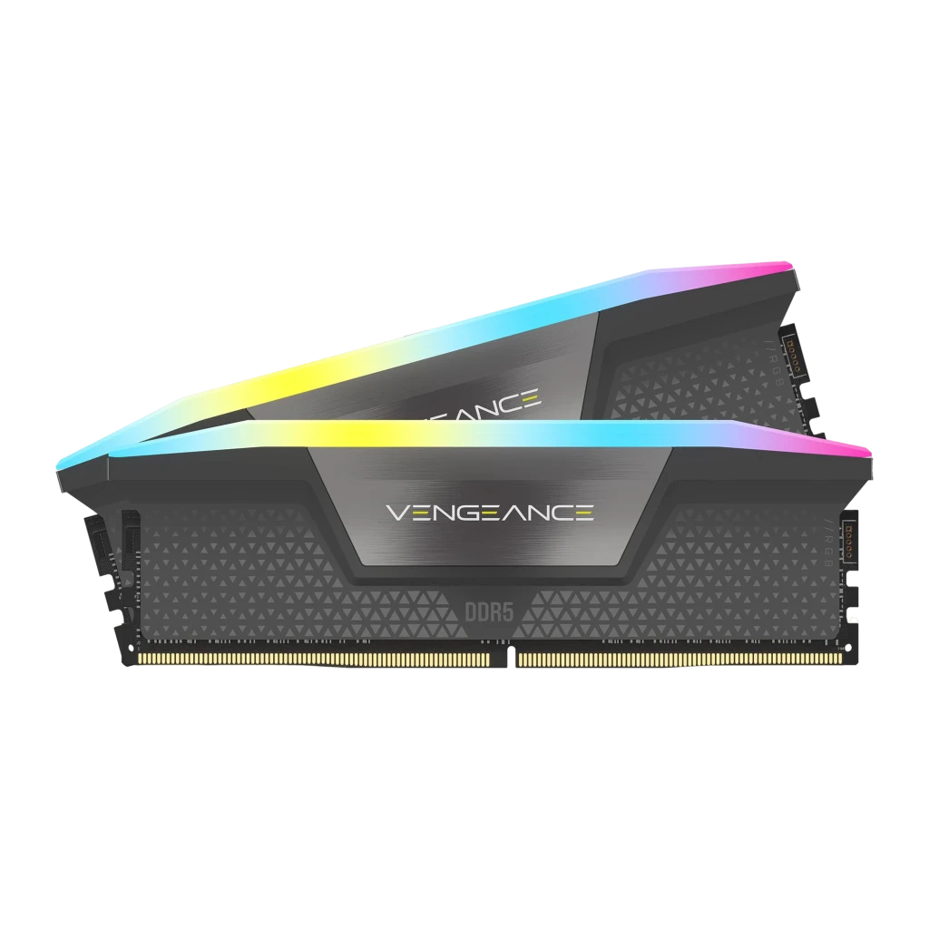 Corsair Vengeance RGB 64GB Cinzento, vista frontal em ângulo: dois módulos DDR5 escalonados com iluminação RGB na barra - Item1