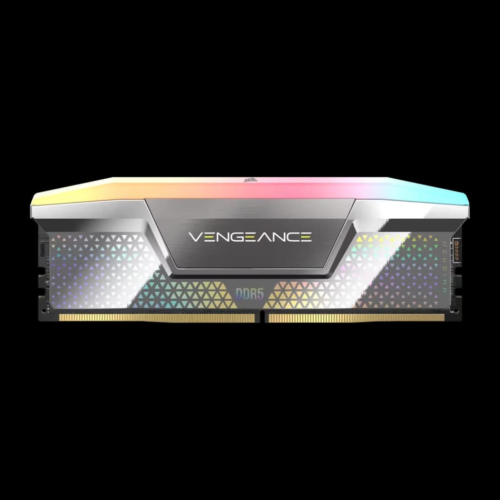 Corsair Vengeance RGB 48GB DDR5 Plateado, vista frontal: módulo único centrado, logo VENGEANCE y etiqueta DDR5 visibles