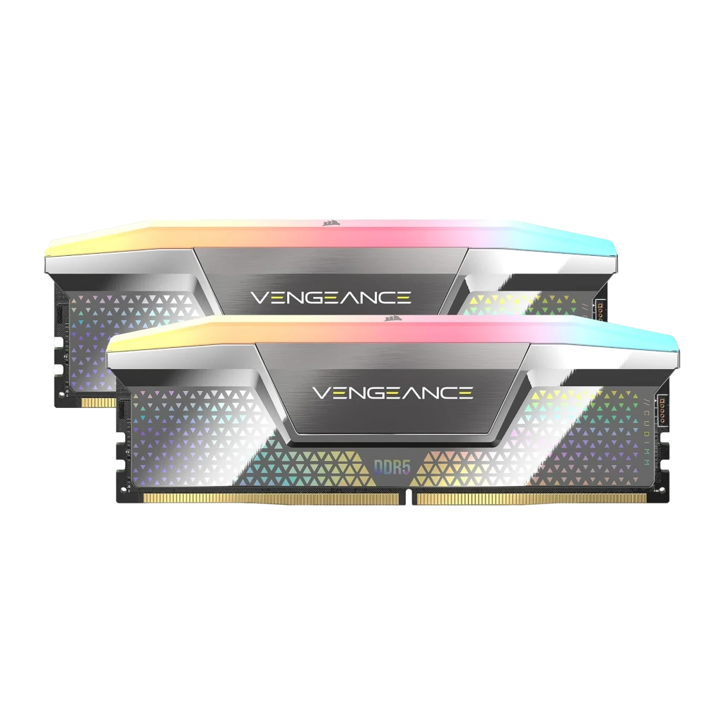 Corsair Vengeance RGB 48GB DDR5 Prateado, vista em ângulo: dissipador prateado com iluminação RGB multicolor e logo VENGEANCE - Item3