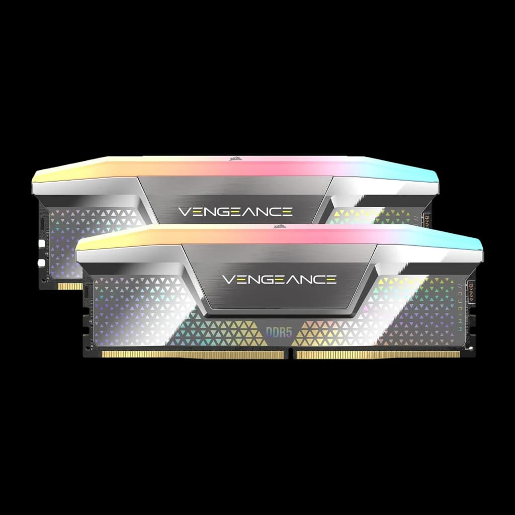 Corsair Vengeance RGB 48GB DDR5 Plateado, kit completo: dos módulos apilados mostrando disipador plateado con RGB y logo