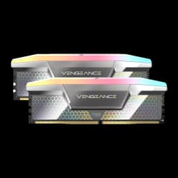 Corsair Vengeance RGB 48GB DDR5 Plateado, kit completo: dos módulos apilados mostrando disipador plateado con RGB y logo