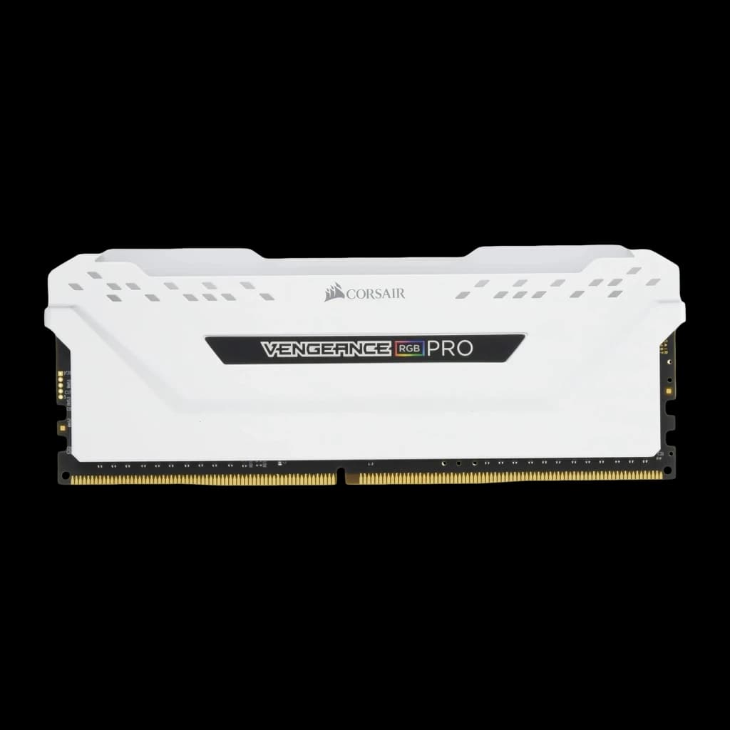 Corsair Vengeance RGB Pro 16GB Blanco, vista frontal: un módulo DDR4 con disipador blanco, logo Vengeance RGB Pro y