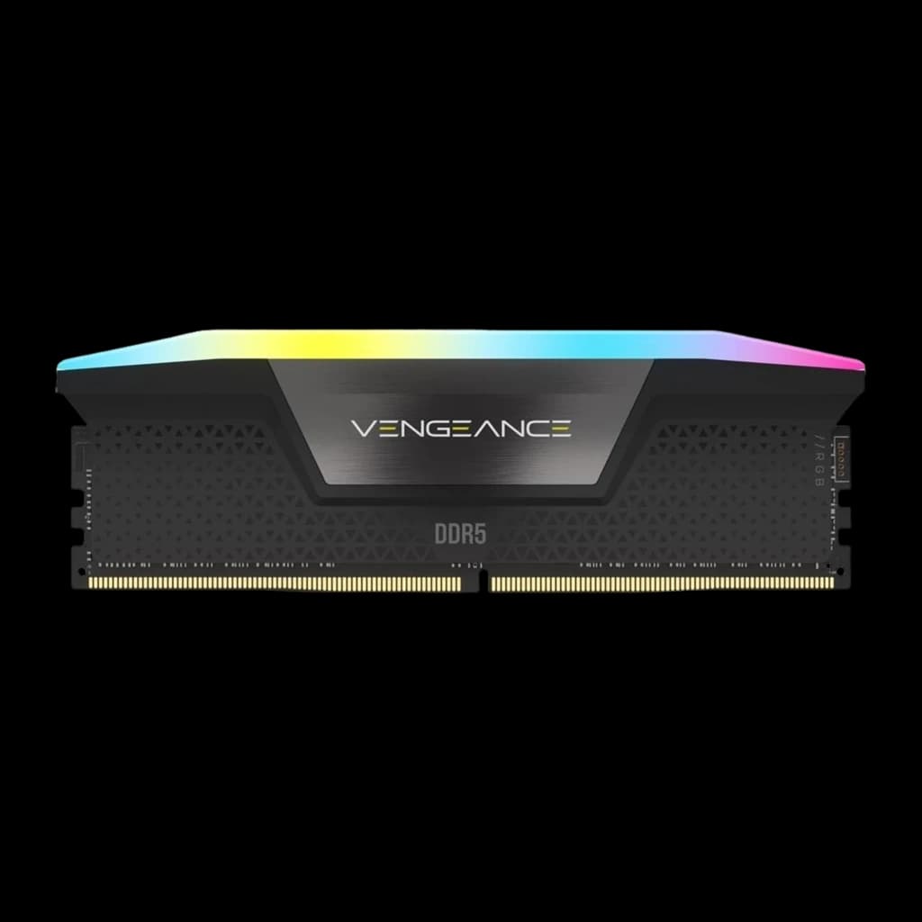 Corsair Vengeance RGB 32GB DDR5 negro, vista frontal: un módulo DIMM con iluminación RGB en la parte superior y disipador