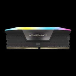 Corsair Vengeance RGB 32GB DDR5 negro, vista frontal: un módulo DIMM con iluminación RGB en la parte superior y disipador