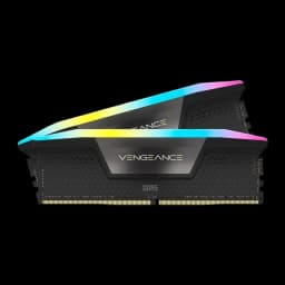 Corsair Vengeance RGB 32GB DDR5 negro, vista lateral: 2 módulos superpuestos mostrando perfil del disipador y RGB, conector