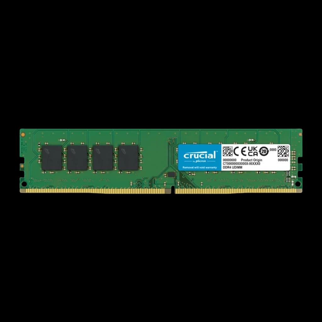 Crucial CB8GU3200 8GB verde, vista frontal: PCB verde com chips de memória e etiqueta Crucial DDR4 UDIMM
