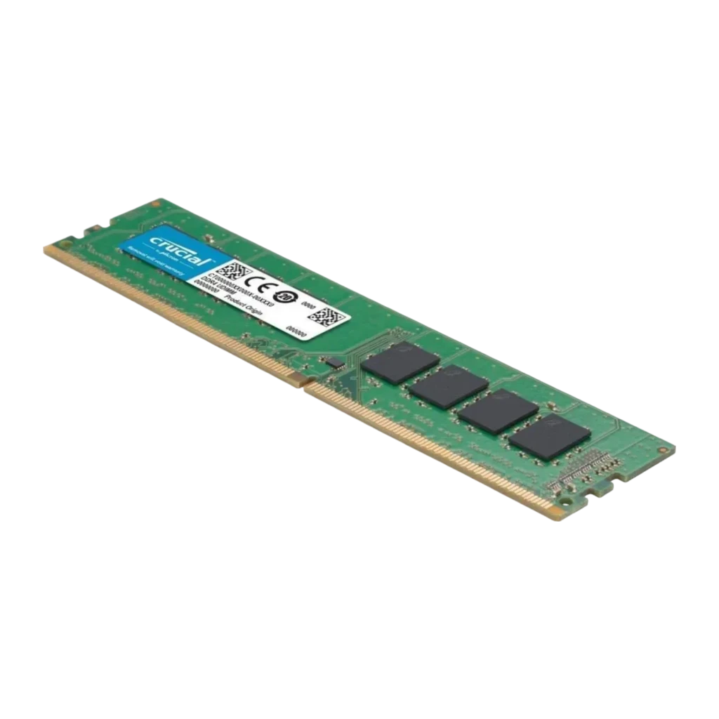 Crucial CB8GU3200 8GB verde, vista frontal: PCB verde con chips de memoria y etiqueta Crucial DDR4 UDIMM - Ítem1