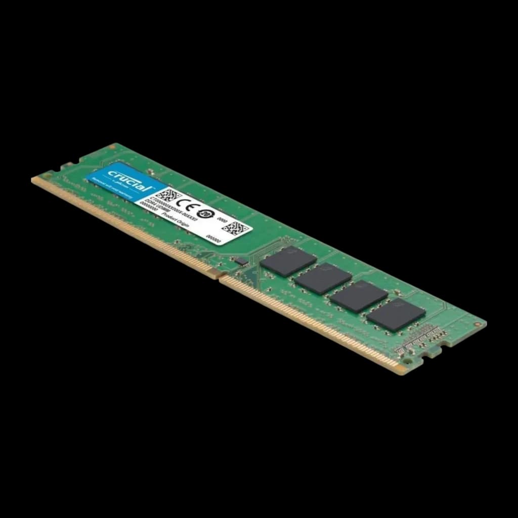 Crucial CB8GU3200 8GB verde, vista em perspectiva: ângulo diagonal mostrando chips e conector dourado