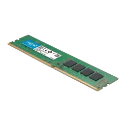 Crucial CB8GU3200 8GB verde, vista em perspectiva: ângulo diagonal mostrando chips e conector dourado