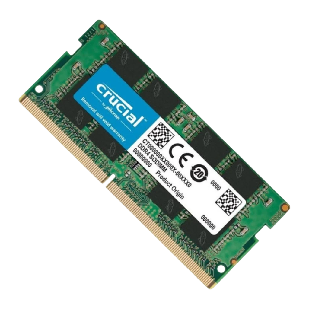 Crucial CT16G4SFRA32AT 16GB DDR4 SO-DIMM, vista frontal: PCB verde con etiqueta azul Crucial y contactos dorados - Ítem1