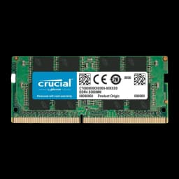 Crucial CT16G4SFS832A 16GB DDR4 SO-DIMM, vista frontal: PCB verde, etiqueta azul Crucial e contatos dourados