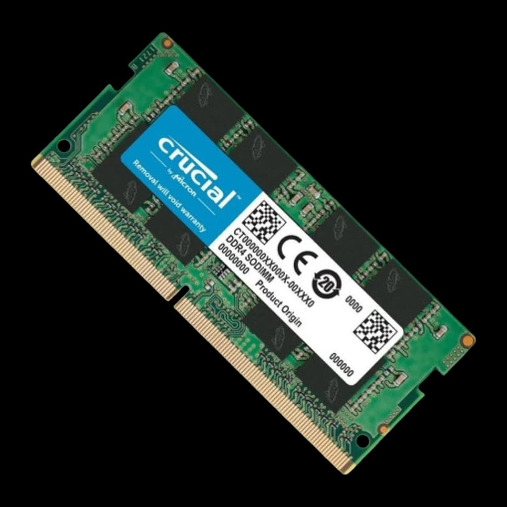 Crucial CT16G4SFS832A 16GB DDR4 SO-DIMM, vista em ângulo: módulo inclinado com PCB verde e etiqueta lateral