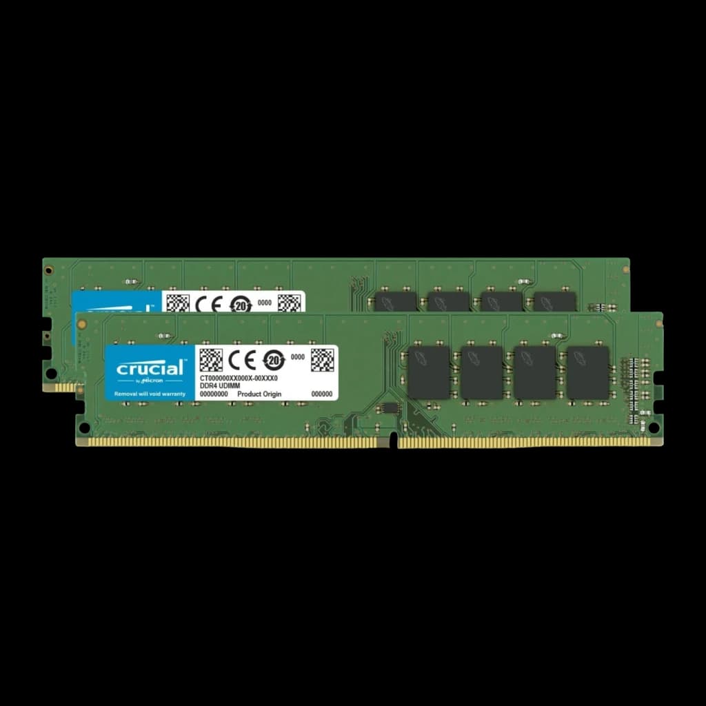 Crucial CT2K16G4DFRA32A 32GB Verde, vista frontal: dos módulos DDR4 apilados, etiqueta Crucial visible en primer plano