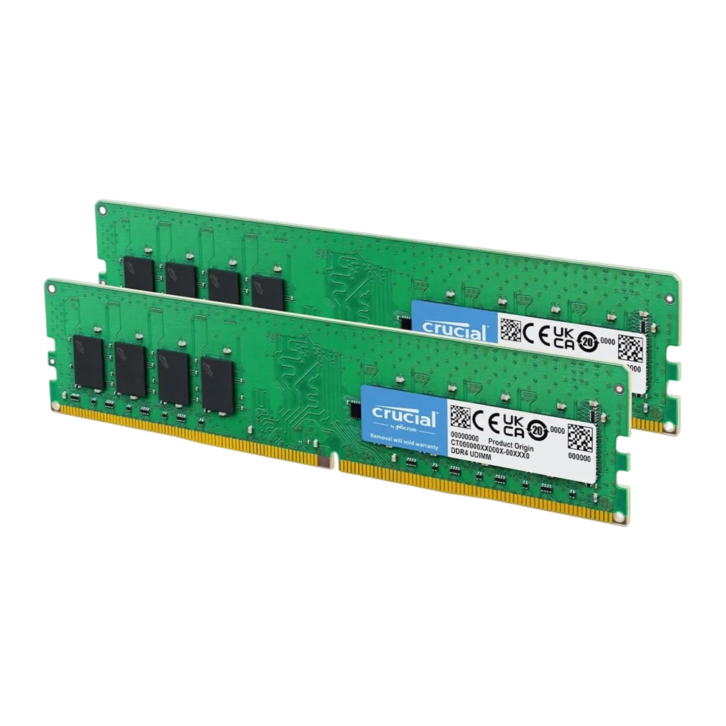 Crucial CT2K16G4DFRA32A 32GB Verde, vista frontal: dos módulos DDR4 apilados, etiqueta Crucial visible en primer plano - Ítem1