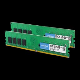Crucial CT2K16G4DFRA32A 32GB Verde, vista en perspectiva: dos módulos DDR4 en ángulo mostrando chips y contactos dorados