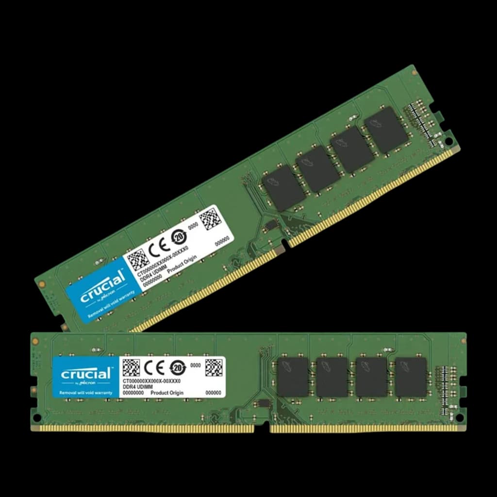 Crucial CT2K16G4DFRA32A 32GB Verde, vista separada: un módulo en diagonal arriba y otro horizontal abajo mostrando etiqueta