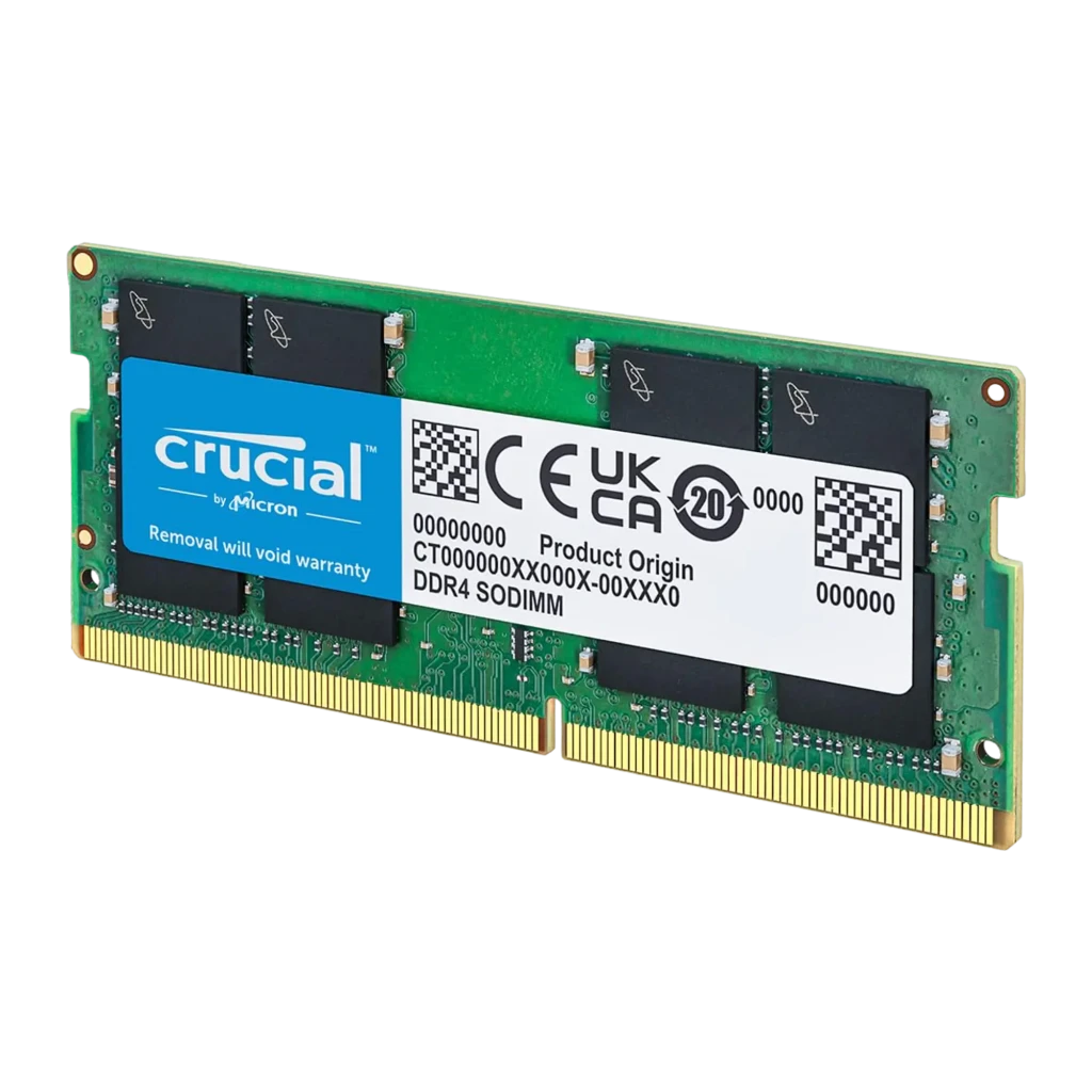 Crucial CT8G4SFRA32AT 8GB Verde, vista frontal: módulo SO-DIMM DDR4 con etiqueta azul Crucial y contactos dorados - Ítem1