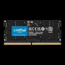 Crucial DDR5 16GB 5600 SO-DIMM preto, vista frontal: PCB preto com etiqueta azul Crucial e contactos dourados