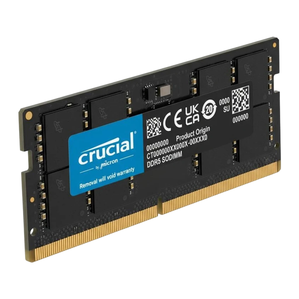 Crucial DDR5 16GB 5600 SO-DIMM negro, vista frontal: PCB negro con etiqueta azul Crucial y contactos dorados - Ítem1