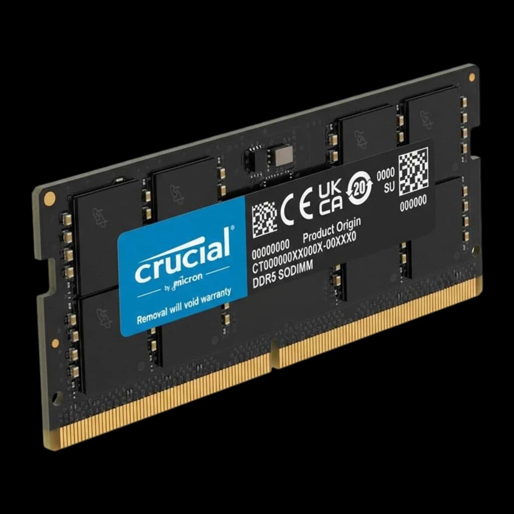 Crucial DDR5 16GB 5600 SO-DIMM preto, vista em perspetiva: ângulo três quartos mostrando espessura do módulo e PCB