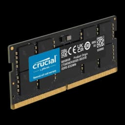 Crucial DDR5 16GB 5600 SO-DIMM preto, vista em perspetiva: ângulo três quartos mostrando espessura do módulo e PCB