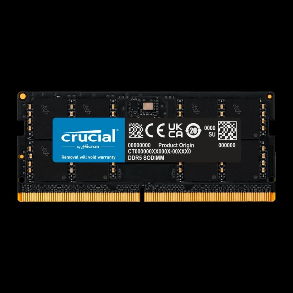 Crucial DDR5 32GB 5600 CL46 negro, vista frontal: PCB negro con etiqueta Crucial azul, conector dorado y chips visibles