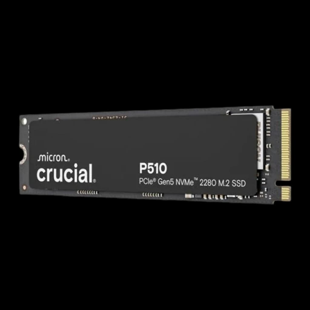 Crucial P510 1TB M.2 preto, vista frontal superior: etiqueta com logo Crucial P510 PCIe Gen5 NVMe 2280 e conector dourado