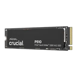 Crucial P510 1TB M.2 preto, vista frontal superior: etiqueta com logo Crucial P510 PCIe Gen5 NVMe 2280 e conector dourado